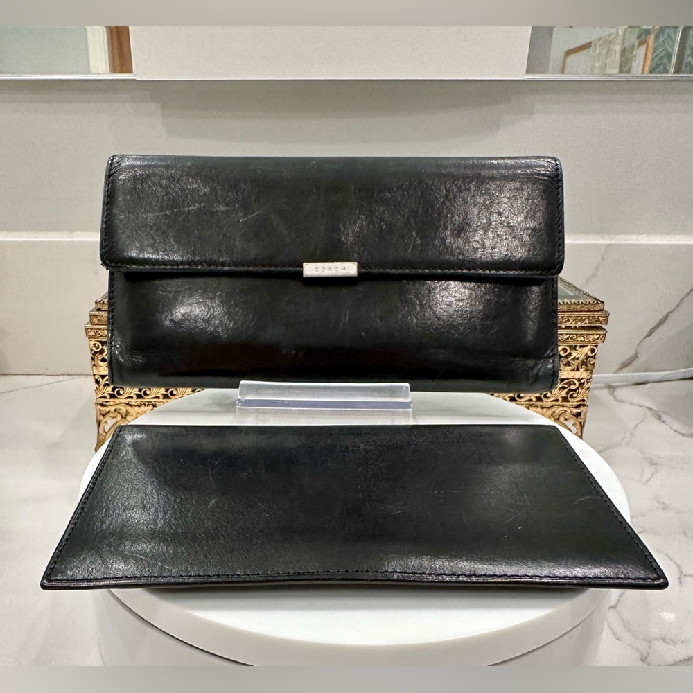 Vintage Coach - Black Leather Wallet & Removable Checkbook Cover - VGUC